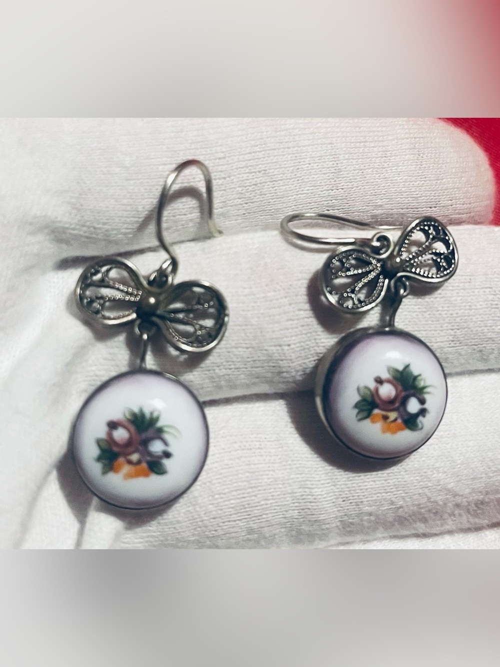 Vintage Silver Porcelain Drop Earrings